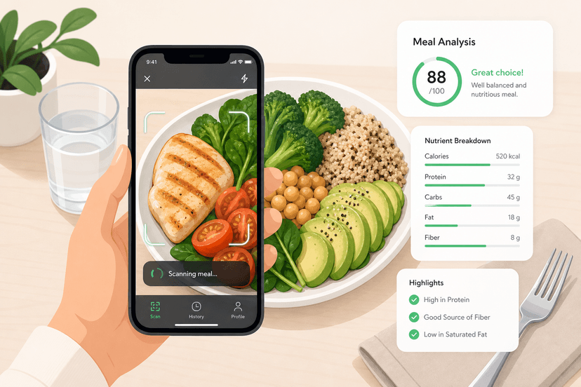 Phone scanning a healthy meal